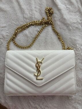 Saint Laurent White Quilted Leather Envelope Chain Bag with Gold Hardware